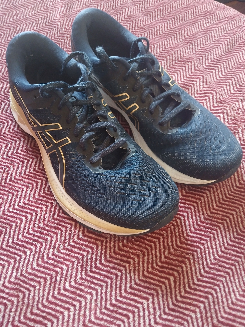 Asics Gel Kayano 27 Navy Blue and Gold Athletic Sneakers